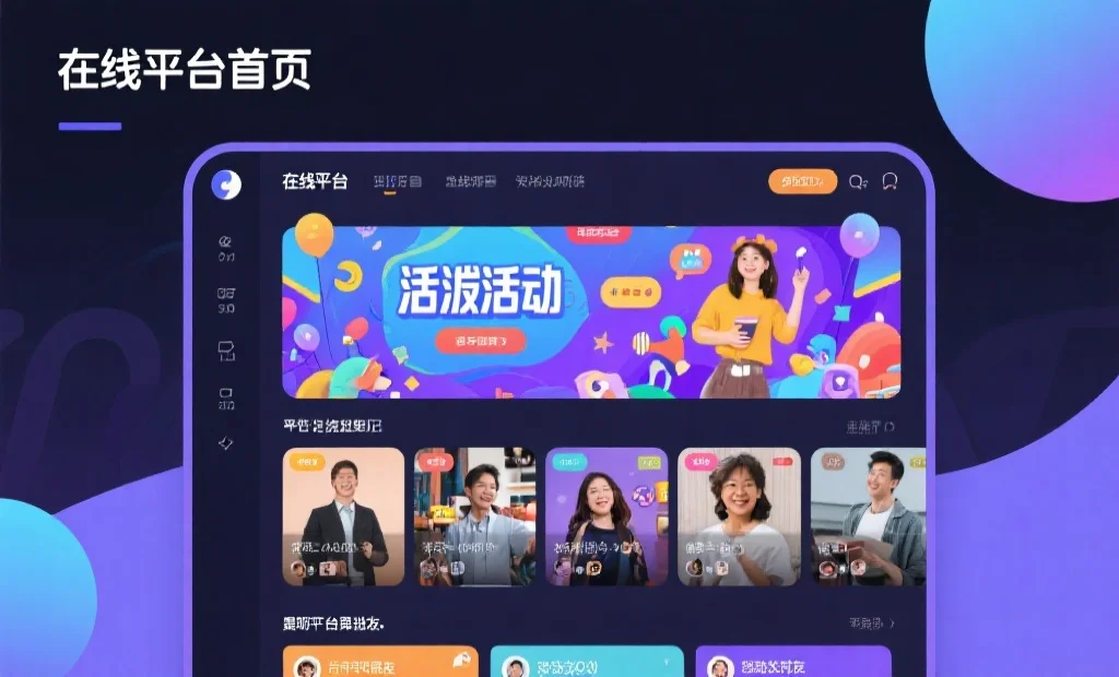 现代感十足的在线娱乐平台首页,用户在参与活动、与好友互动,界面活跃热闹